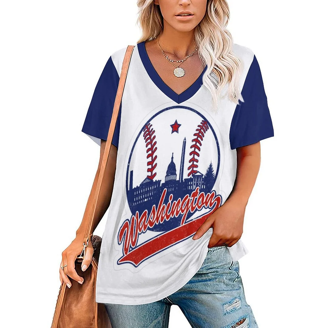 V-neck Short Sleeve Casual T-shirt for  Women Printed with Pattern , Blue, Red