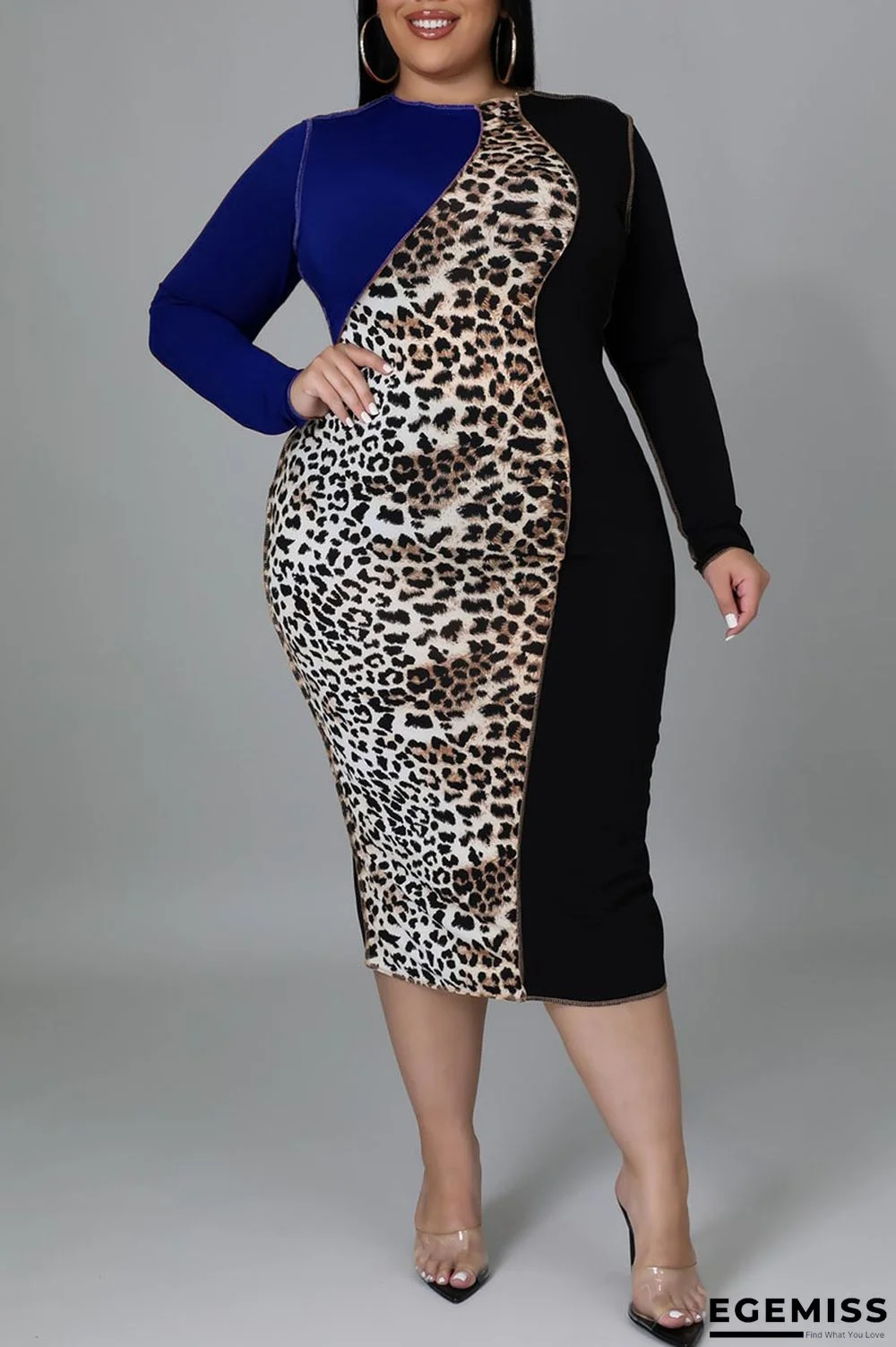 Blue Casual Print Leopard Patchwork O Neck One Step Skirt Plus Size Dresses | EGEMISS