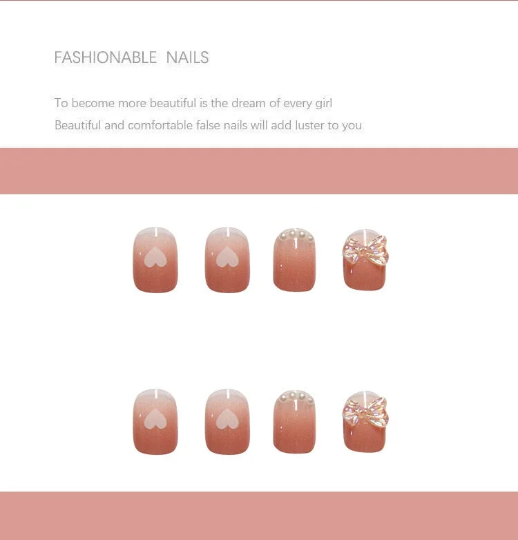 24pcs press on nails box Love Heart Print Nail Patch Pearl Inlaid Glue Type Removable Short Paragraph Fashion Manicure nail tips-Nail Inspo