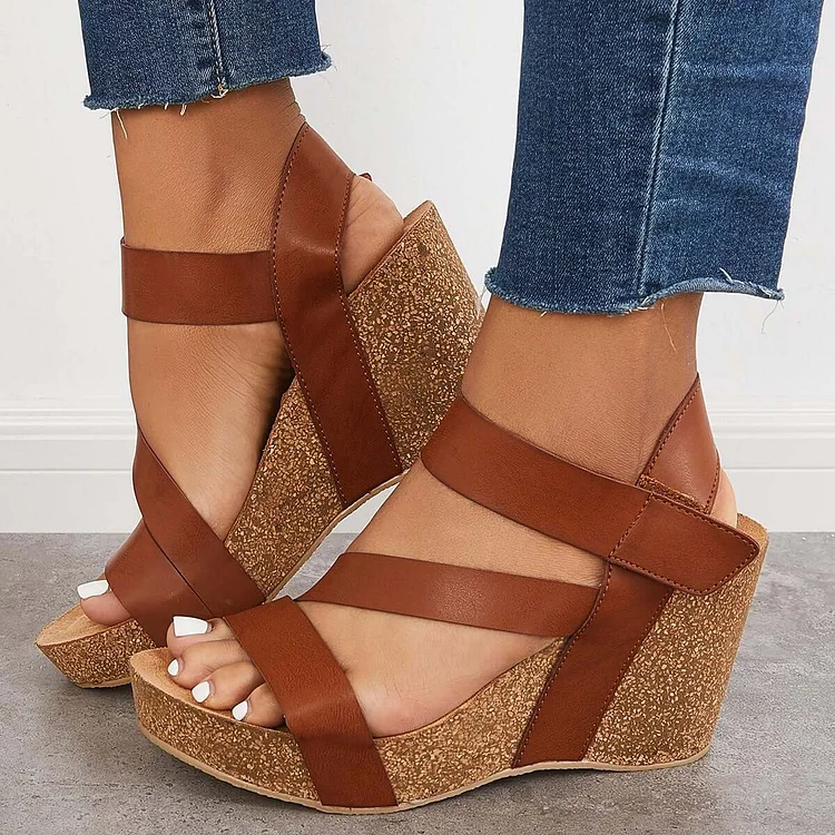 Cork Platform Wedges Ankle Strap Slingback Sandals