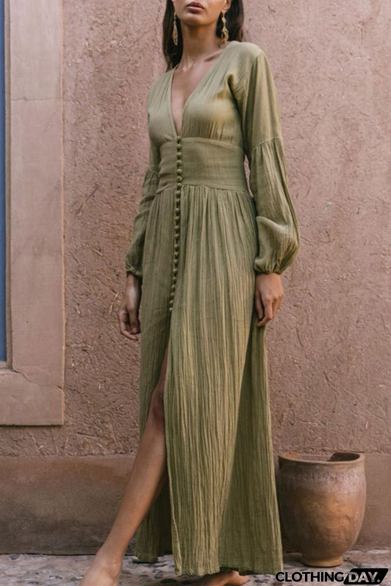 Sexy Solid Buckle Fold V Neck Pencil Skirt Dresses