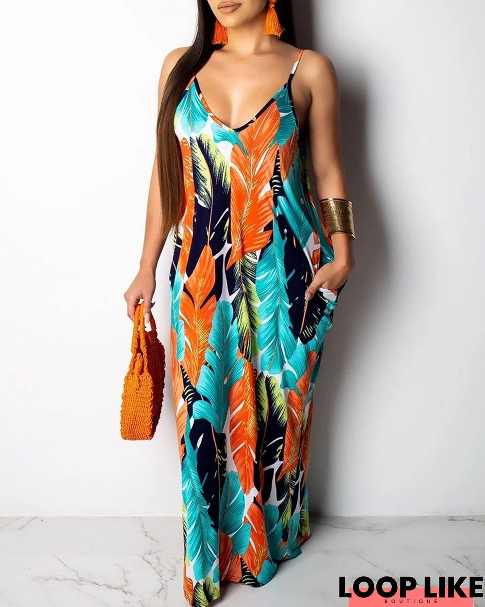 Leaf Print Pocket Design Maxi Dress