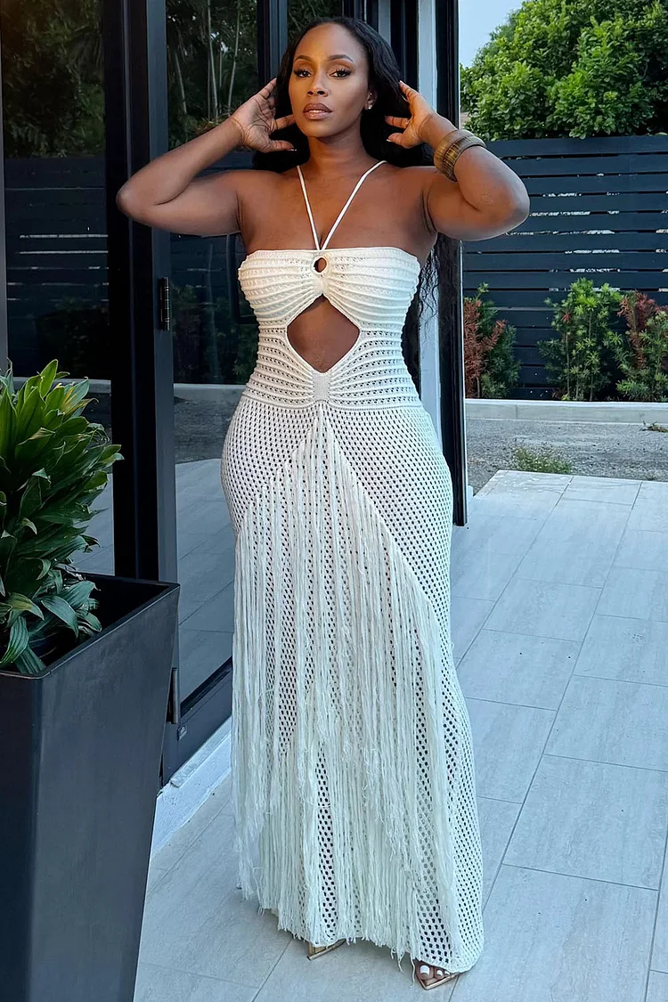 Halter Textured Knit Cutout Fringe Vacation Maxi Dresses-White [Pre Order]