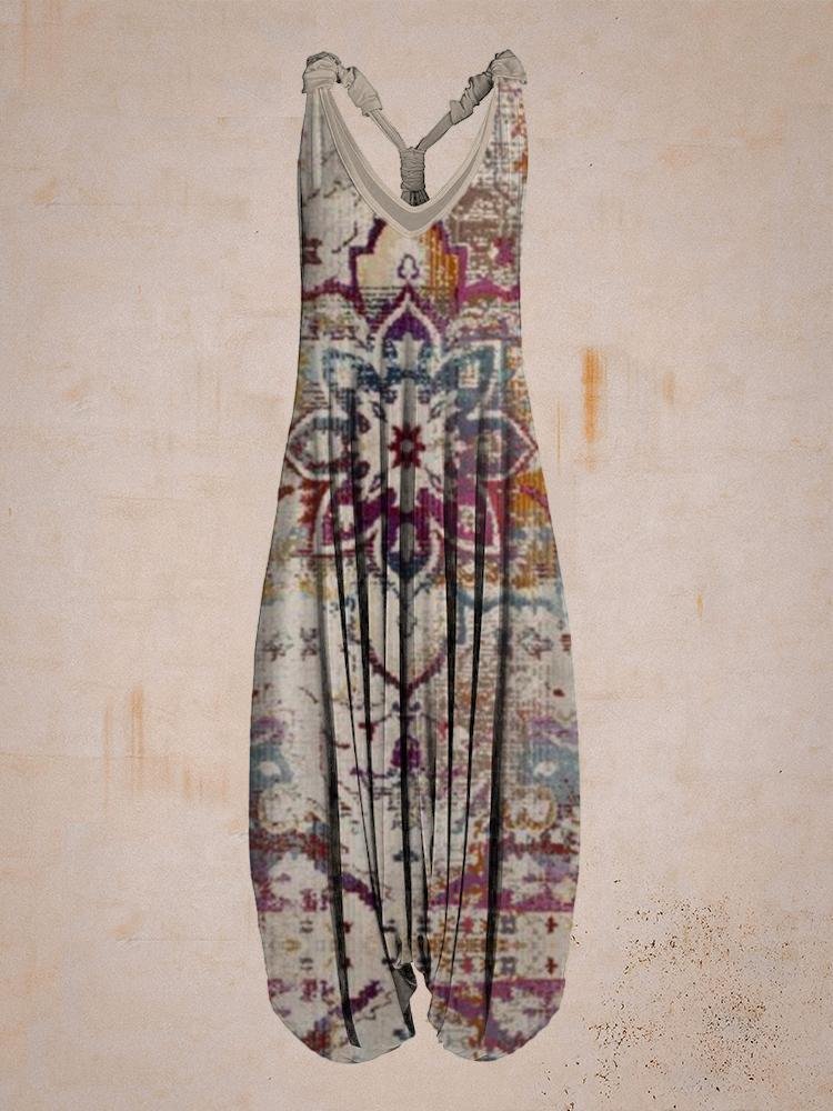 Women Summer Retro&Floral Print Sleeveless Harem Jumpsuit