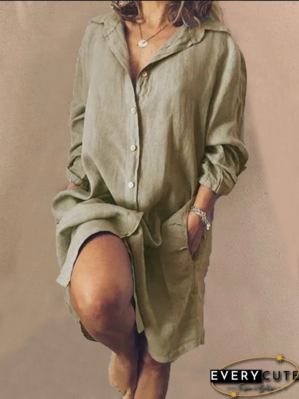 Casual V Neck Long Sleeve Solid Weaving Dress