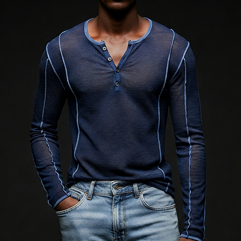 Men's Navy Blue Lightweight Sheer Knitted Loose Casual Long-Sleeve T-Shirt-inspireuse