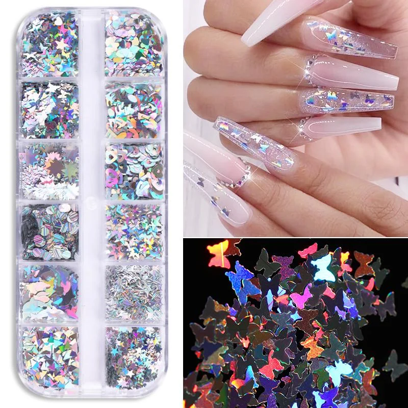 12 Grids Spangles Nail Sequins Aurora AB Nail Flakes Stunning Pailliette Heart Butterfly Spring Sticker Nart Tips Decoration-Nail Inspo