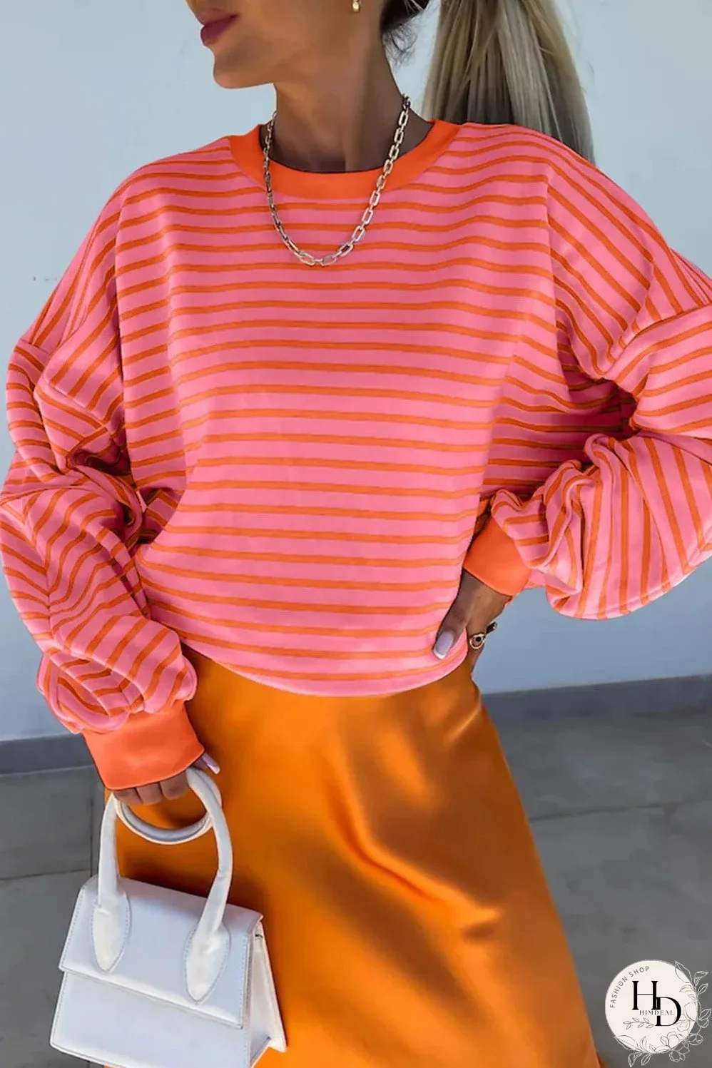 Russet Orange Drop Shoulder Crew Neck Loose Sweatshirt