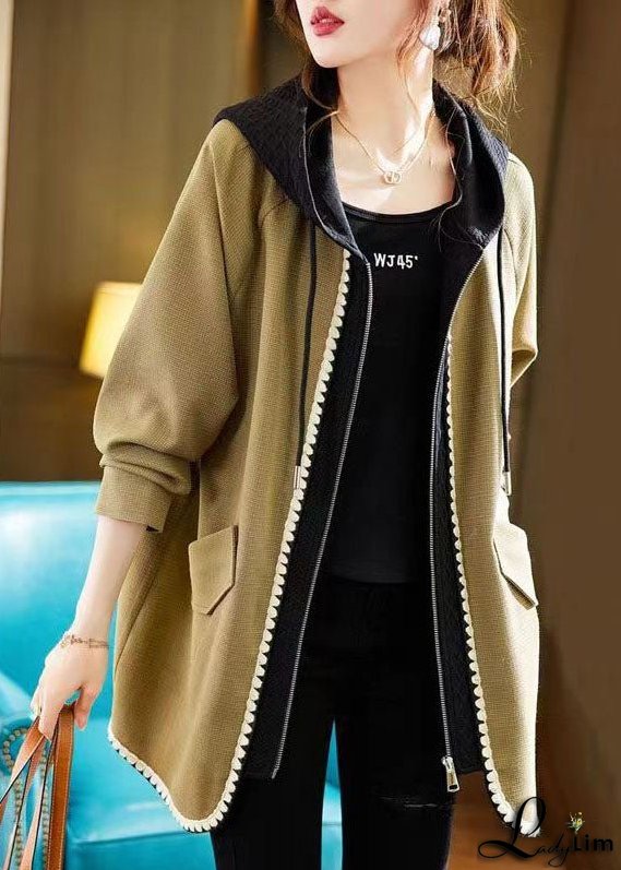 French Yellow Zip Up Pockets Patchwork Cotton Hooded Coat Fall