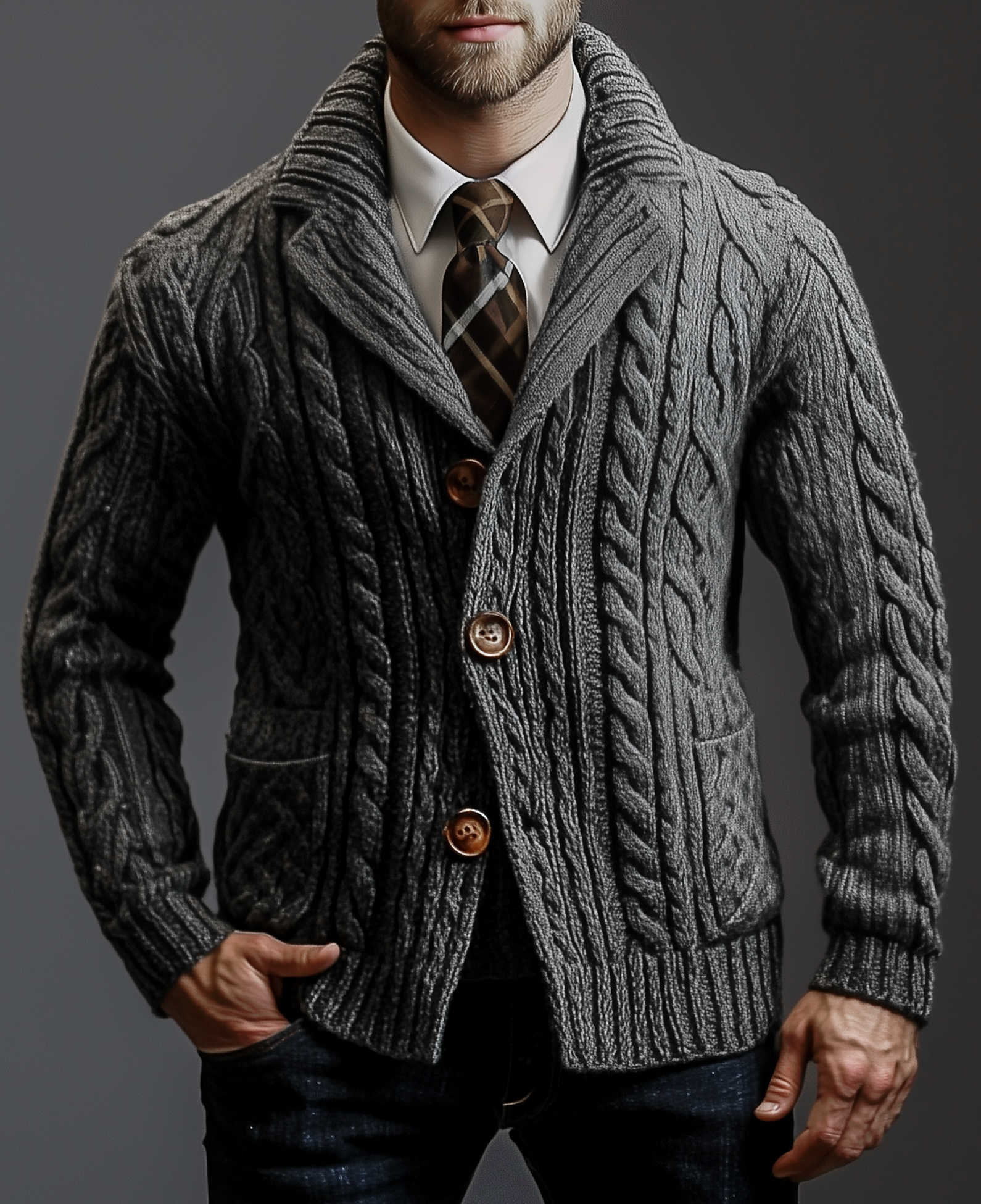 Okaywear Notched Lapel Button Patch Pocket Cable Knit Sweater