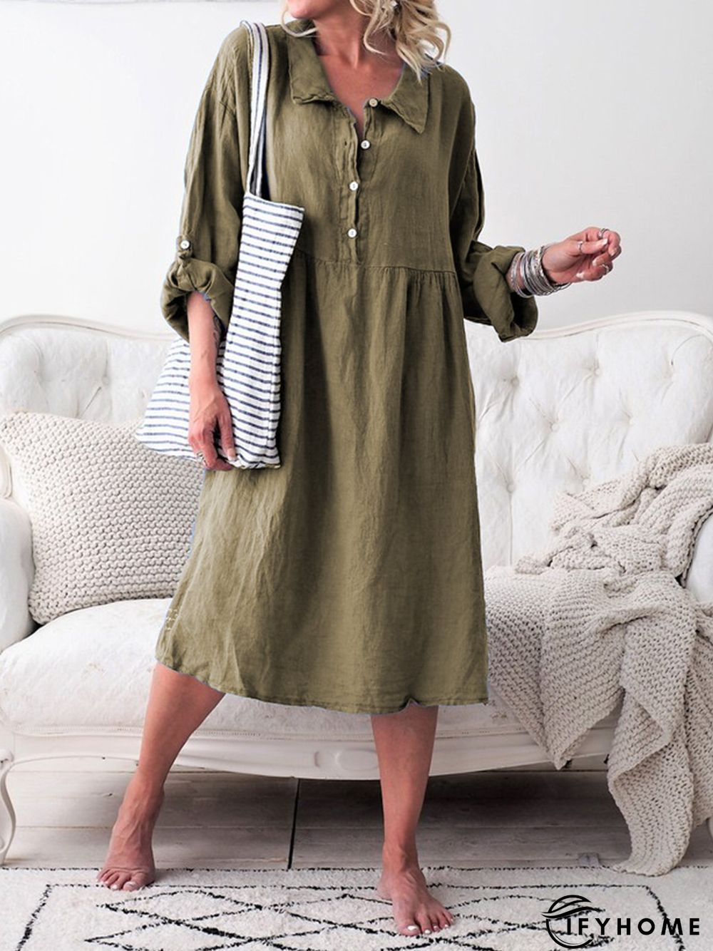 Women Summer Convertible Long Sleeve Buttoned Loose Weaving Dress | IFYHOME