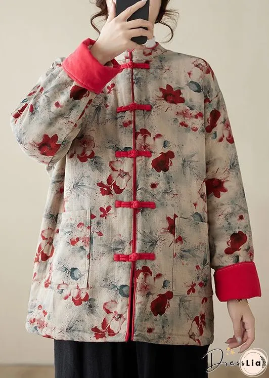Vintage Print Button Pockets Thick Parka Stand Collar Winter