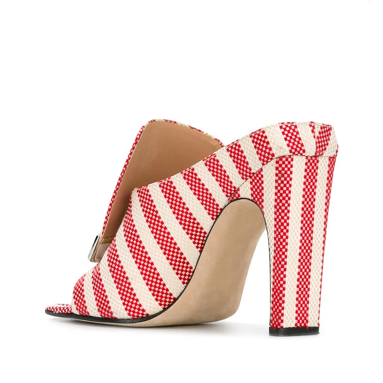 Red and Ivory Striped Office Chunky Heel Mule Heels Vdcoo