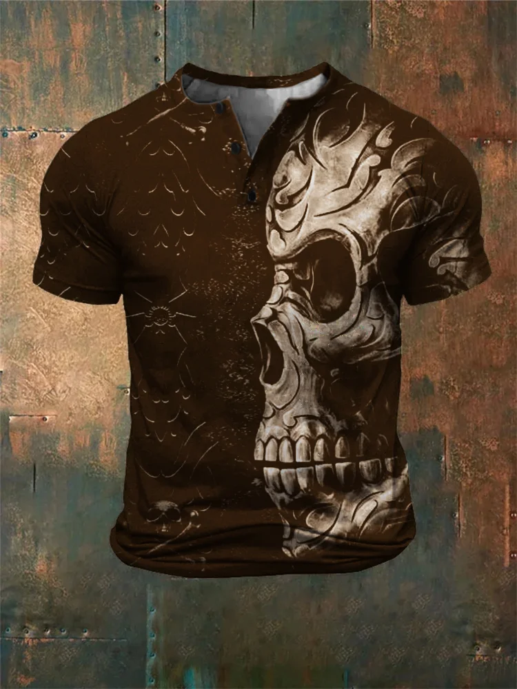 Broswear Men's Carved Skull Art Graphic Henley Shirt