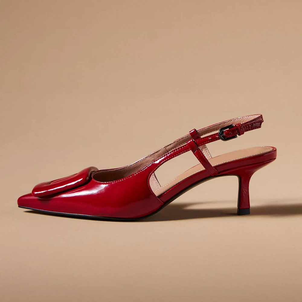 Red Pointed Toe Stiletto Heel Slingback Pumps Shoes with Buckle Decor Nicepairs