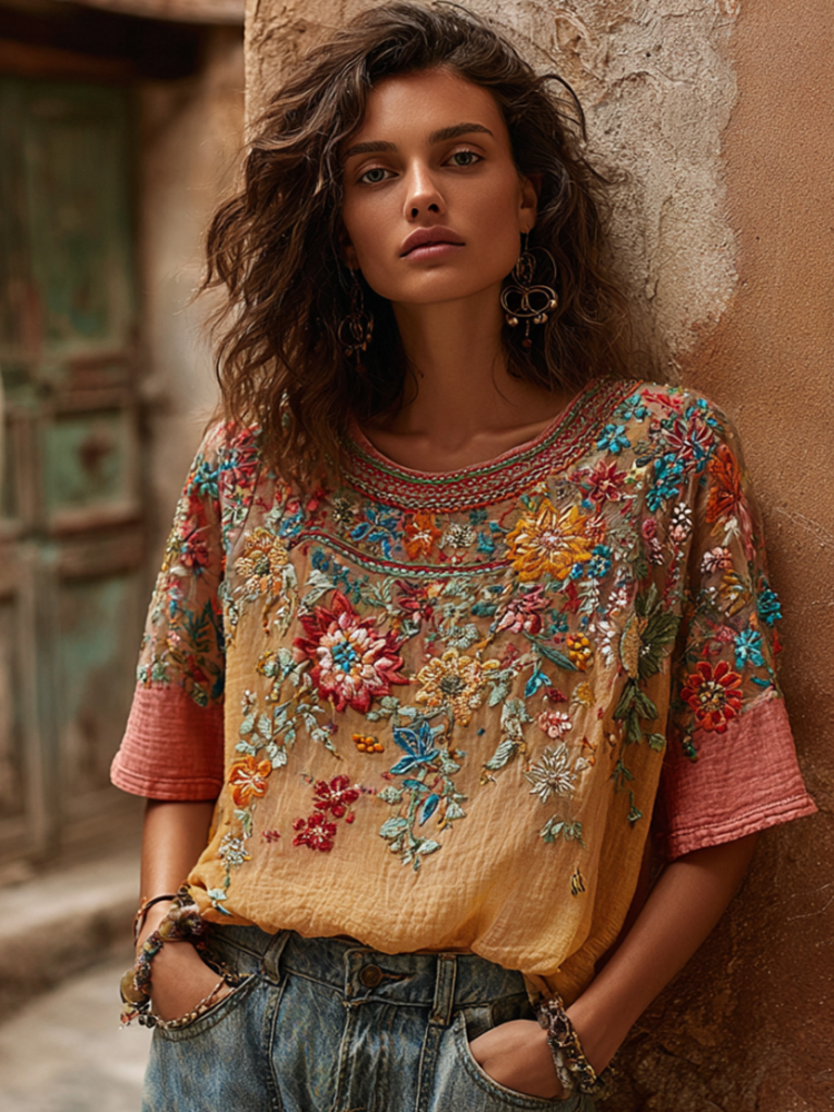 Women's Multicolor Floral Embroidery Art Braided Neck Linen Blend Short Sleeve Top elevenforest