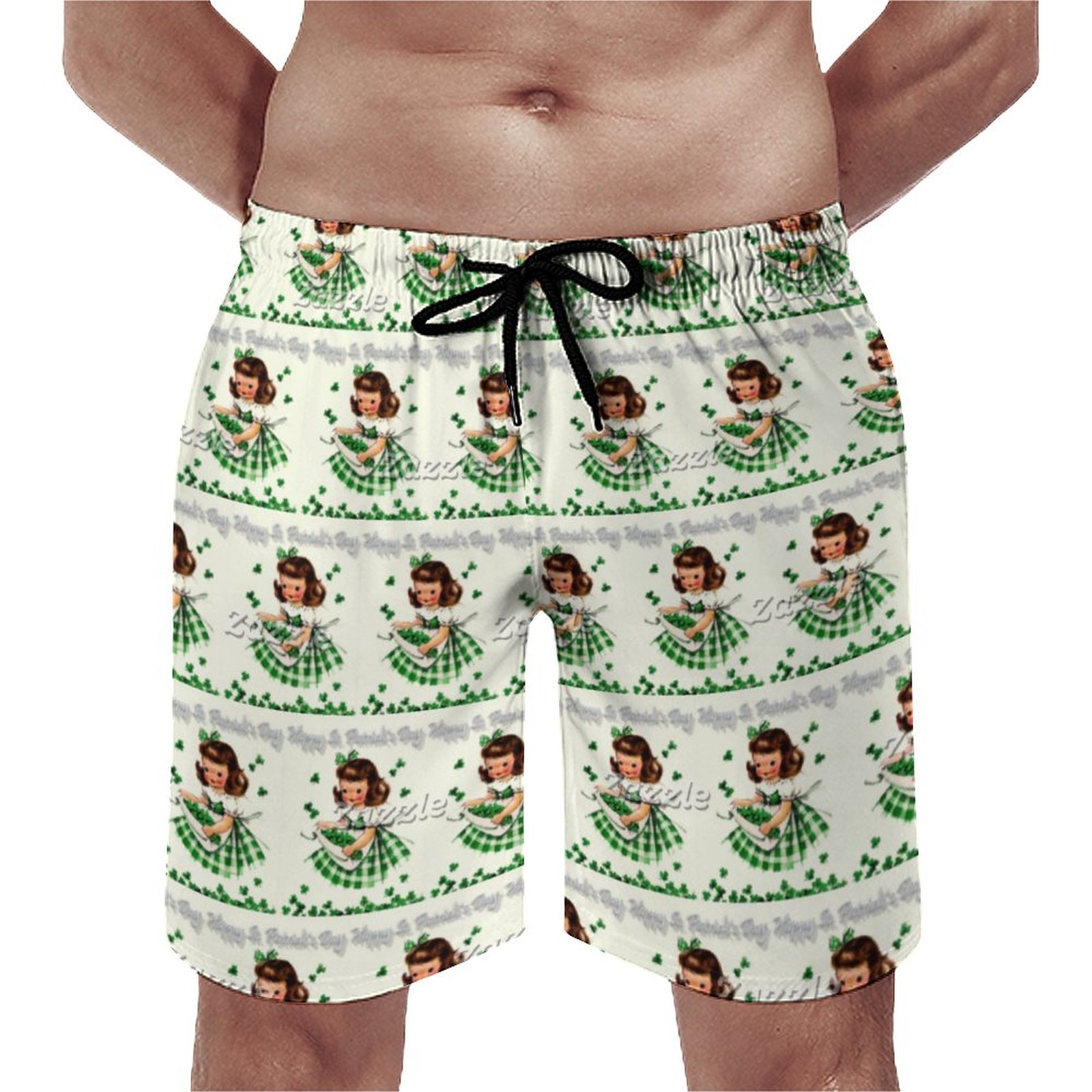 Vintage St Patricks Day Little Girl Clovers Elegant Men's Swim Trunks Summer Board Shorts Quick Dry Beach Short with Pockets