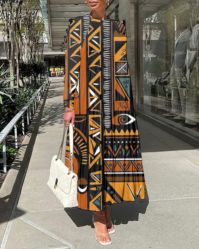 Tribal Geometric Patchwork Print Long Sleeve Casual Dress