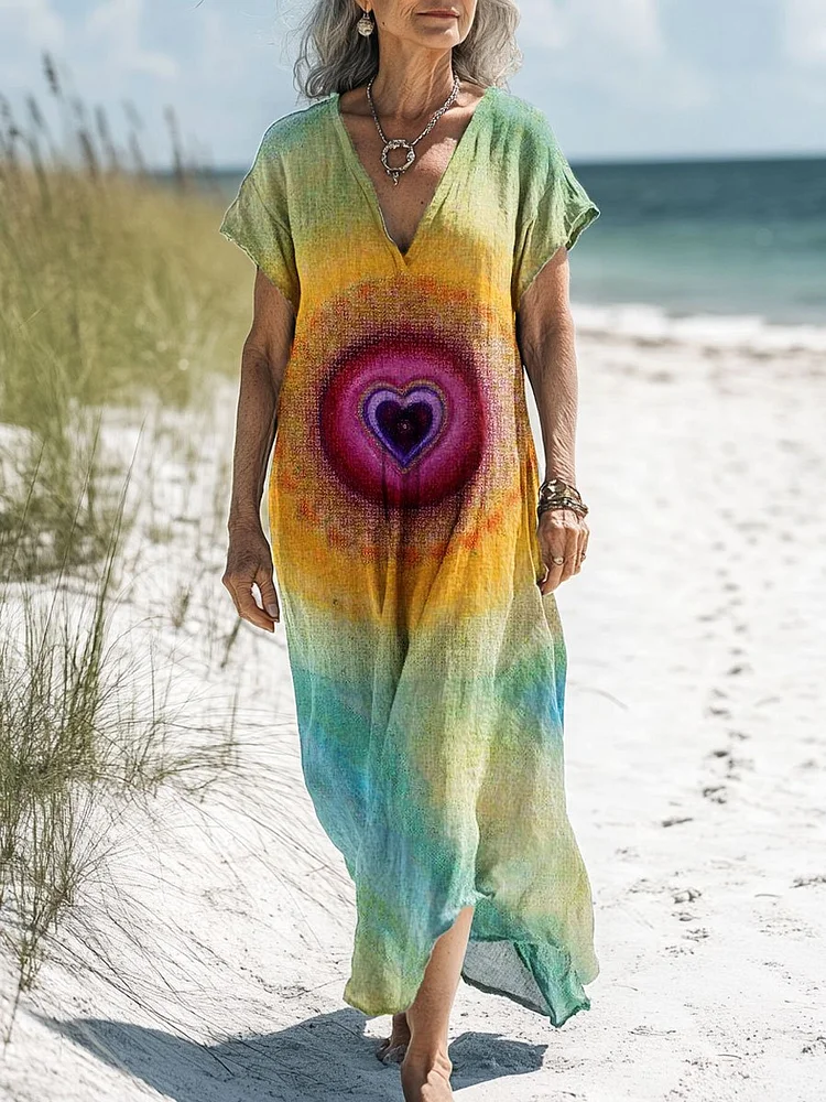Women's Vintage Hippie Love and Peace Art Print Pocket Cotton Dress