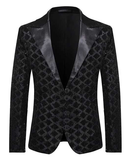 Glamorous Black Argyle Glitter Sequin Lapel Collar One Button Blazer Okaywear
