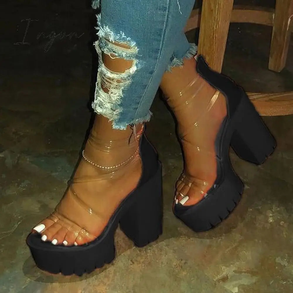 Ingvn - Chunky Heel Zipper Open Toe Strappy See-Through Sandals Black / 5