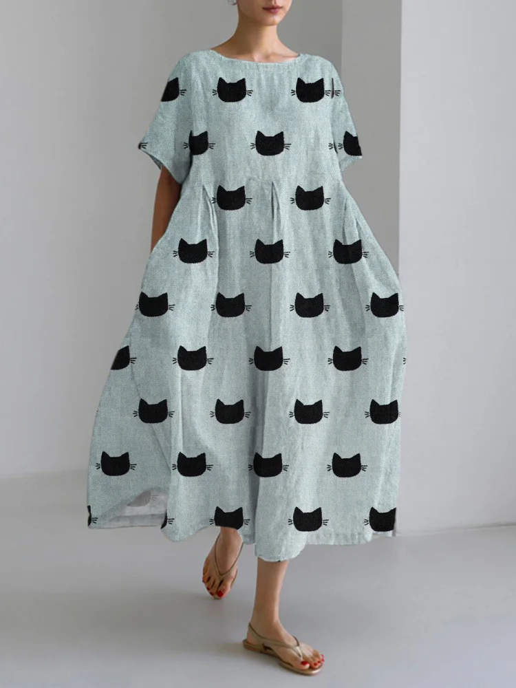 Black Cat Japanese Art Linen Blend Maxi Dress