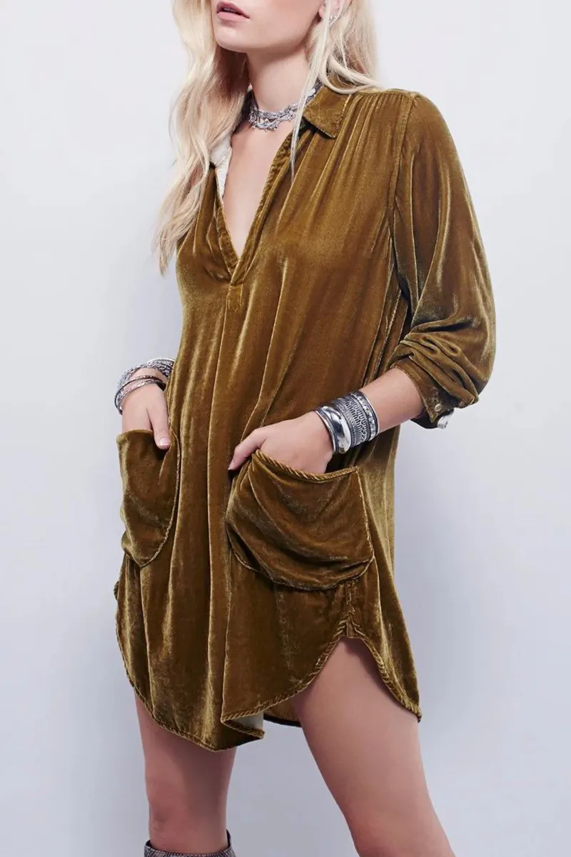 Fashion Casual Solid Split Joint Pocket Turndown Collar Shirt Dress Dresses(3 Colors)