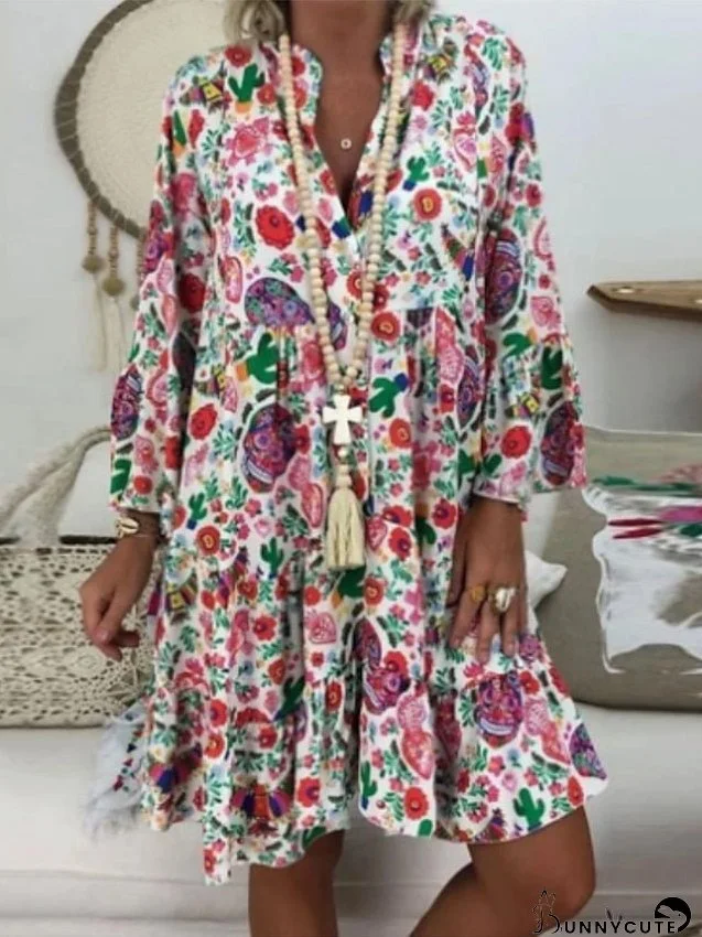 Casual Dress Shift Dress Boho Dress Midi Dress White Blue Green 3/4 Length Sleeve Floral Print Summer Spring V Neck Vacation Vacation S M L XL XXL 3XL for Women