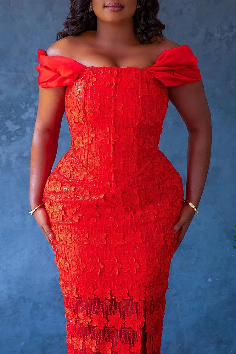 Plus Size Semi Formal Midi Dresses Elegant Red Fall Winter Off The Shoulder Split Lace Midi Dresses [Pre-Order]