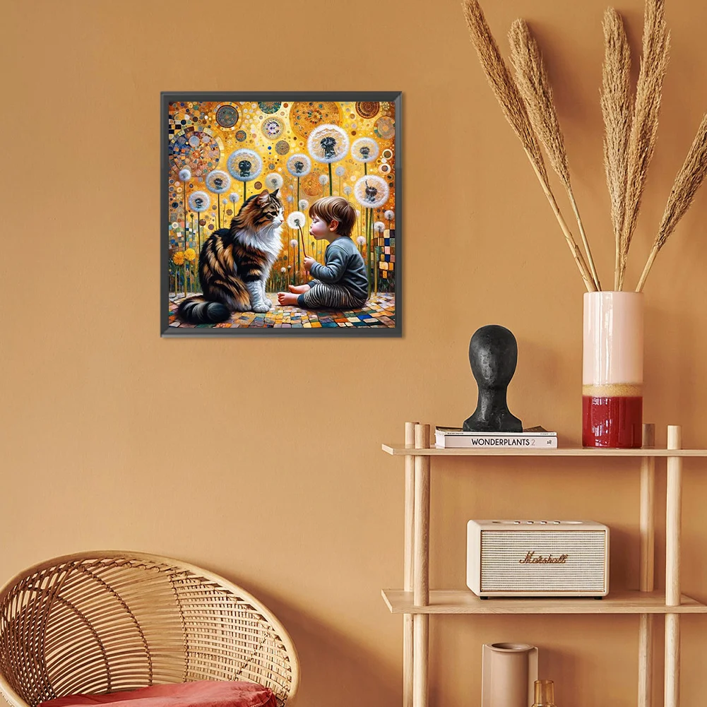 Full Round Diamond Painting 30*30cm - Cat, Dandelions And Children