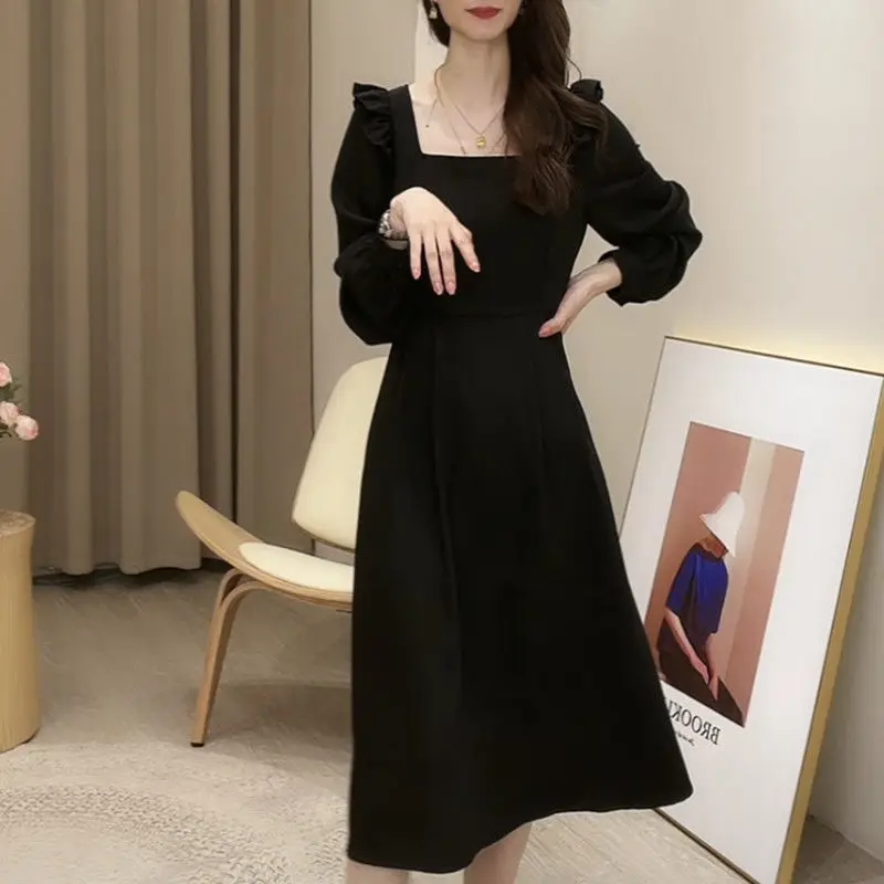 Giftitrends fancy dresses long Black Long Sleeve Dress Women Spring Season Audrey Hepburn Style Waist Slimming Inner Wear Square Neck Bottoming Dress