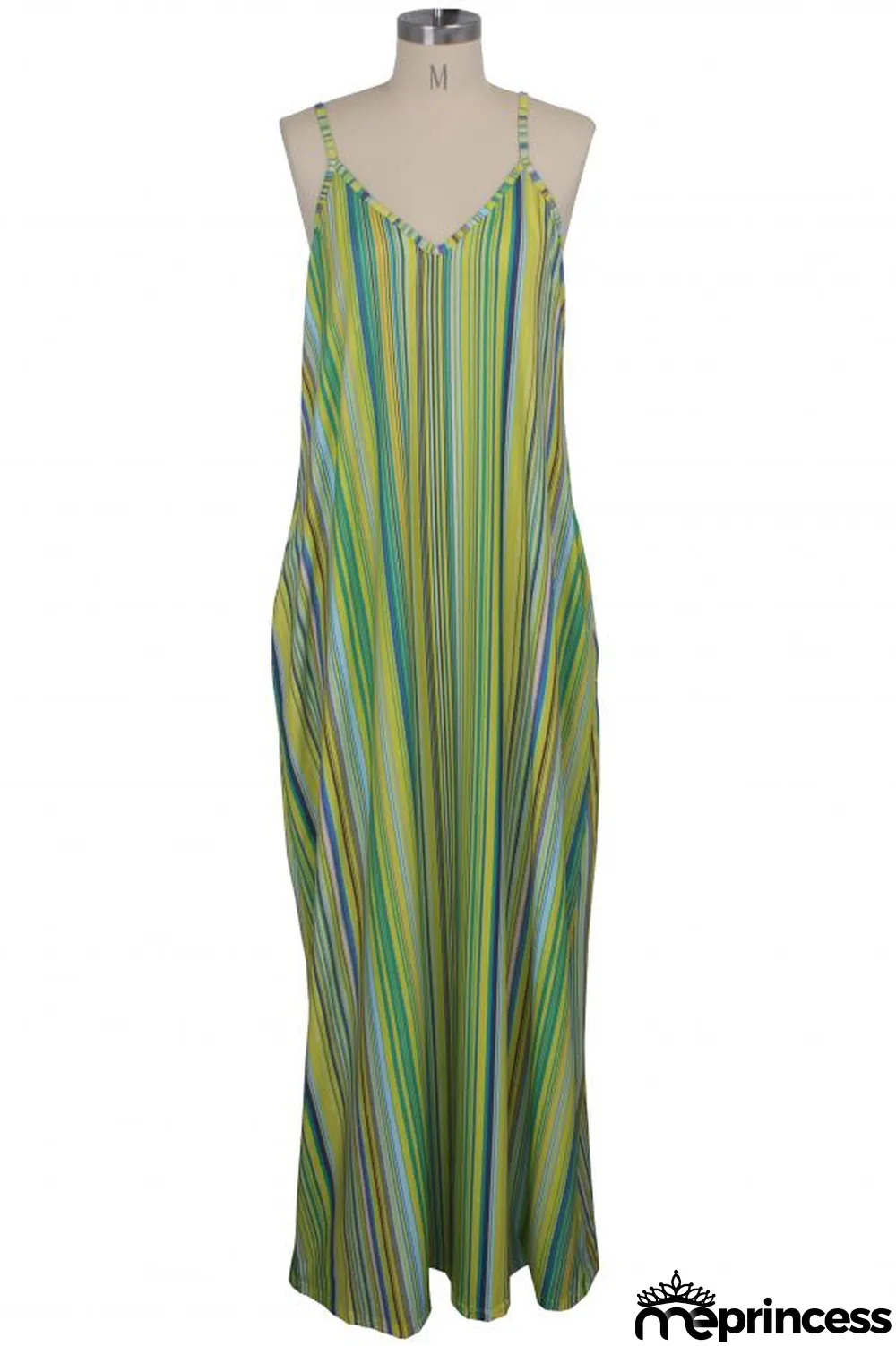 Green Polyester Sexy Fashion Tank Sleeveless Slip A-Line Floor-Length Print asymmetrical Striped Patchwork