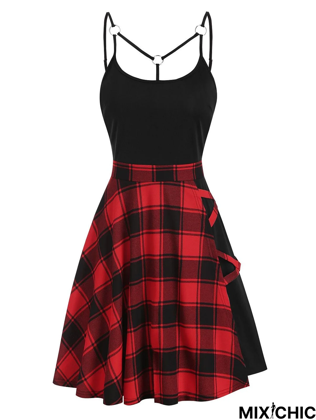 Gothic Casual Dress Plus Size 3XL Tartan Plaid Panel Crisscross Cami A Line Dress Sleeveless High Waist Mini Party Dress