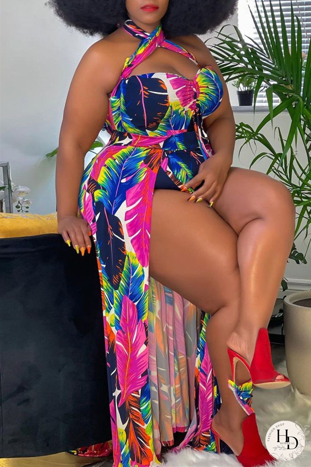 Yellow Fashion Sexy Plus Size Print Backless Slit Halter Sleeveless Dress