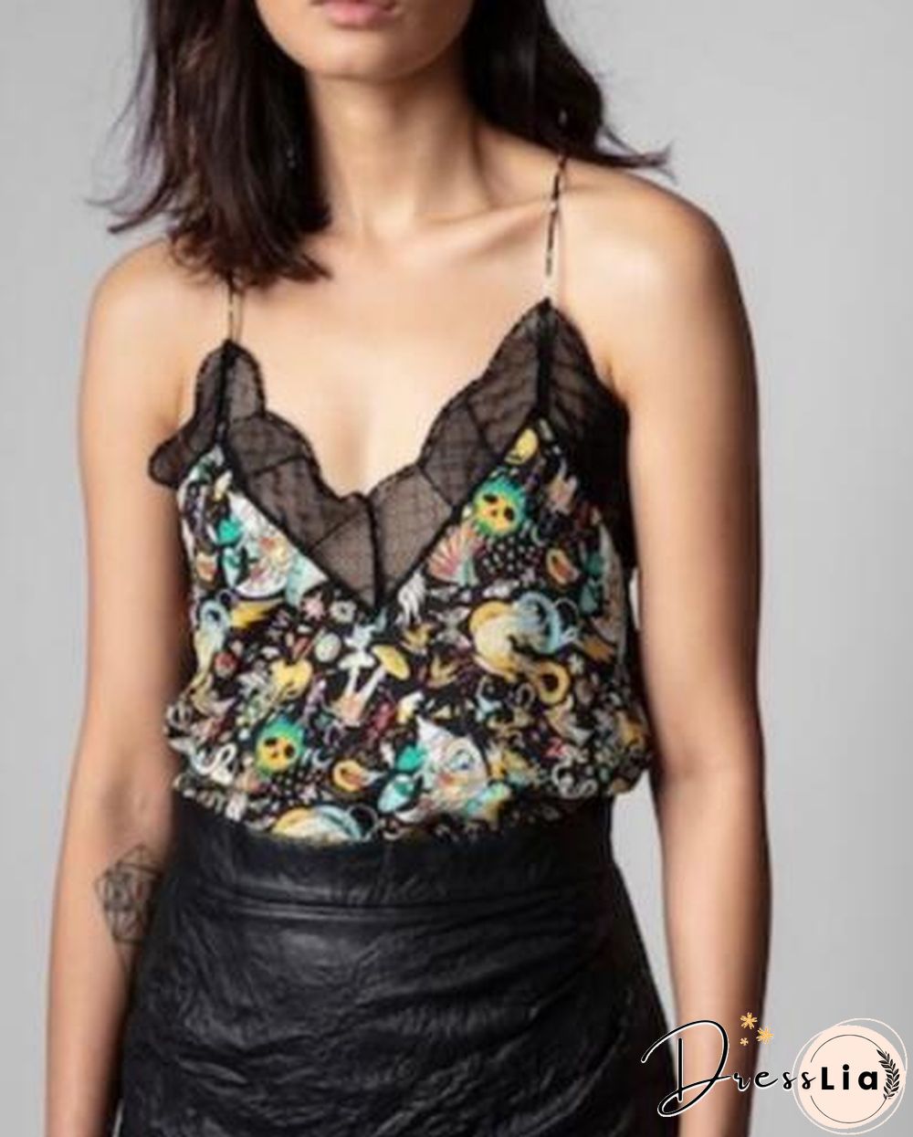 Silk Women New Style Romantic Neckline Exquisite Lace Stitching Letter Printing Girls Camis Vest