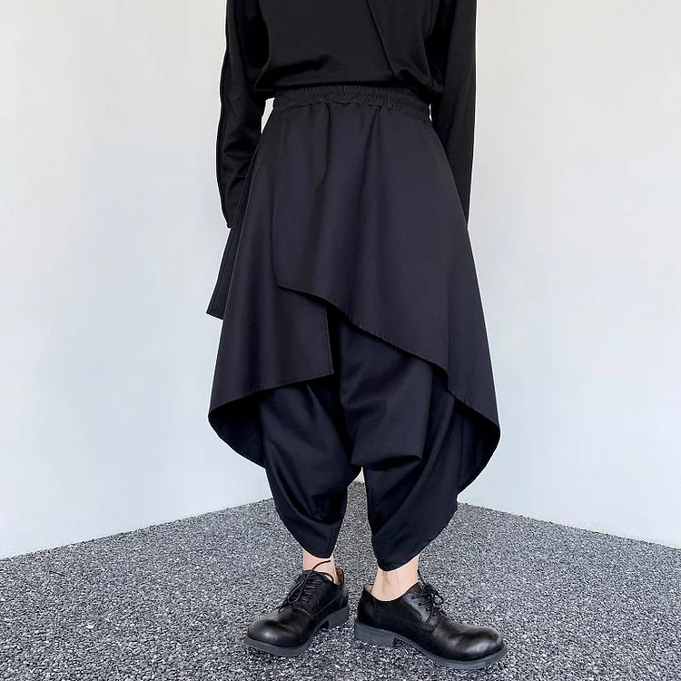 Dark Black Multi layered Design Large Crotch Octagon Pants-dark style-men's clothing-halloween