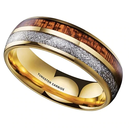 Women's Or Men's Tungsten Carbide Wedding Band Matching Rings,Domed Gold Bands with Wood and Inspired Meteorite Inlay Ring With Mens And Womens For Width 4MM 6MM 8MM 10MM