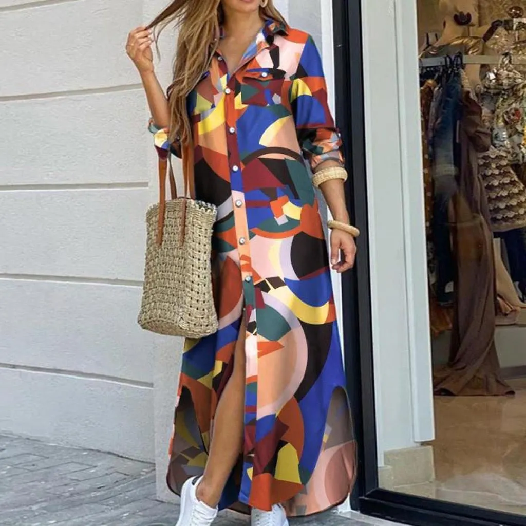 Autumn Long Dress Long Sleeve Shirt Dress Women Denim Long Dresses Pocket Button Shirt Print Dress Casual Loose Dresses 2021