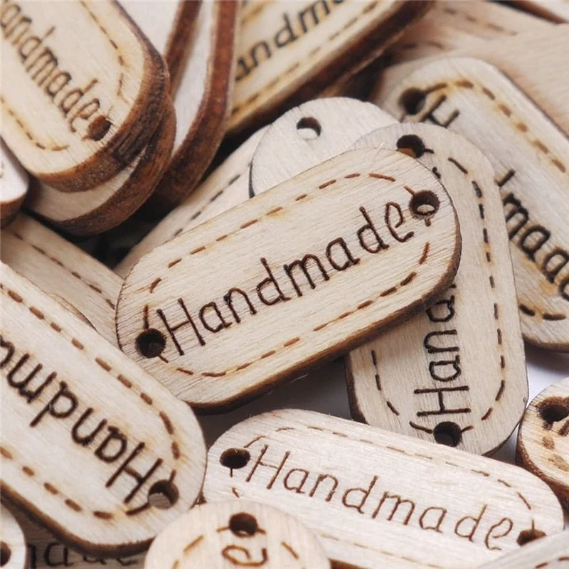 100Pcs Natural Wood Handmade Tag Label Crafts Decoration 2-hole Letter Copy Button Sewing Wooden Label New Ornaments