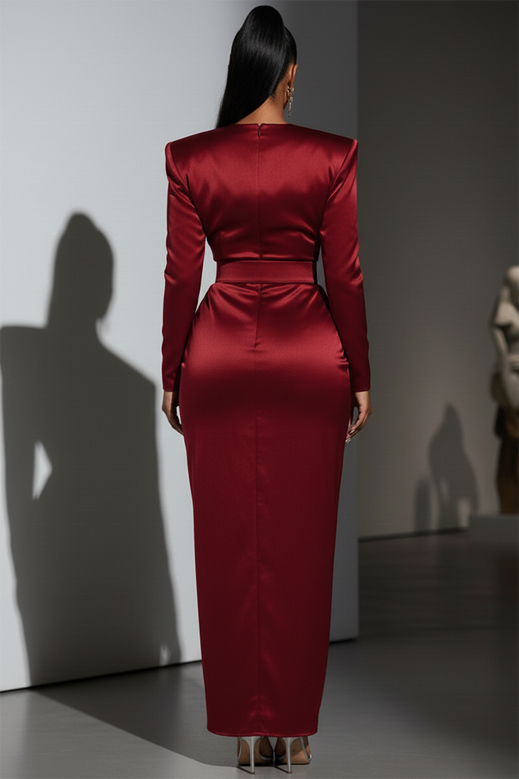 Shoulder Padded Wrinkle Overlap Slit Party Maxi Dresses-Green