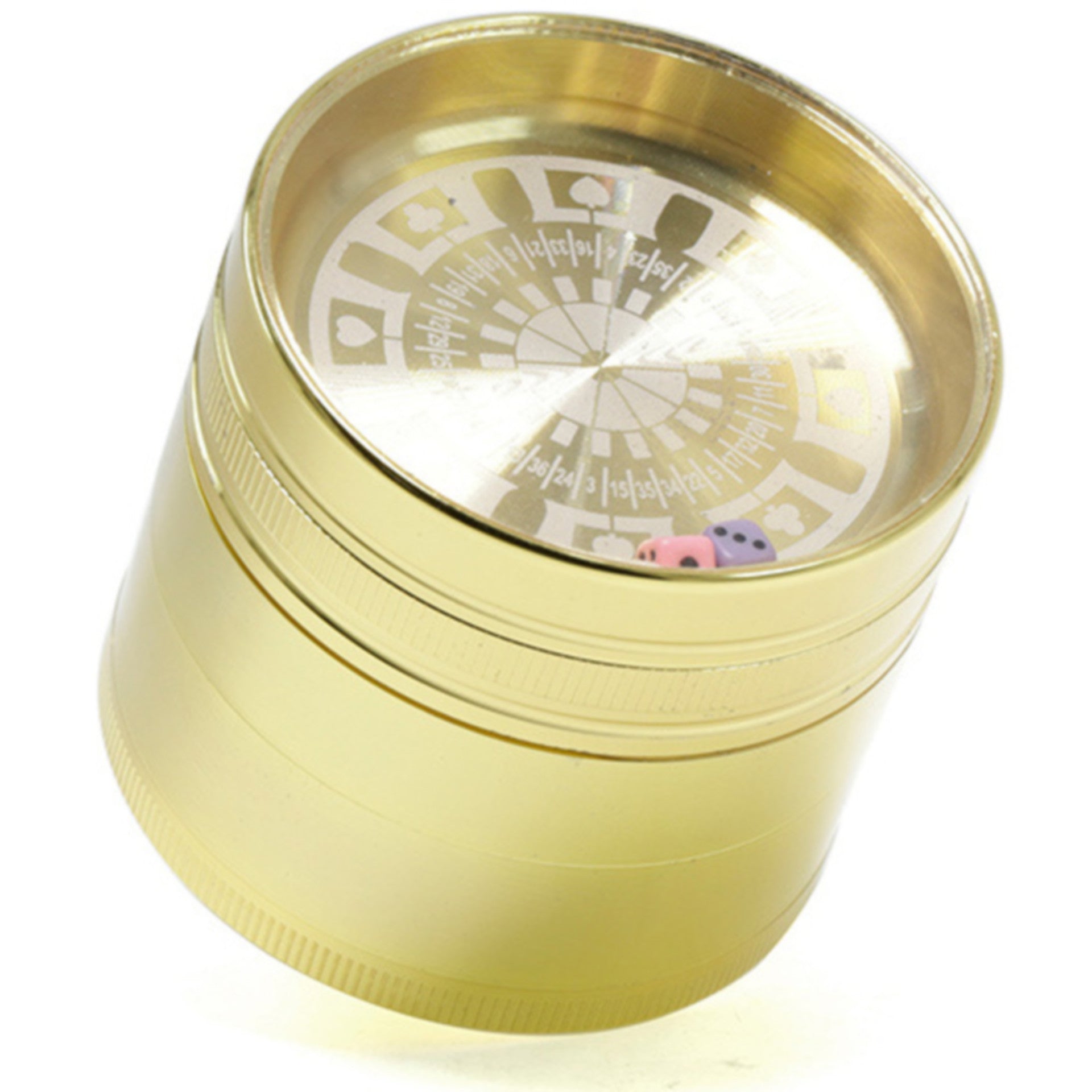 Dice and Turntable 63MM Four layer Zinc Alloy Herb Grinder | Gold Color