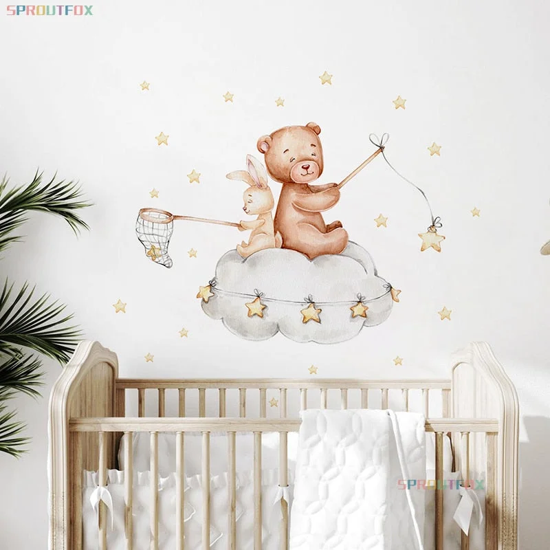 Bear And Rabbit Wall Stickers For Kids Rooms Animals Wall Stickers Child PVC Wall Decorative Vinyl For Children's Room