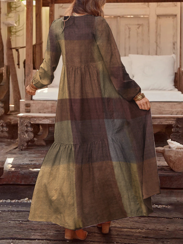 Women's Long Sleeve V-neck Graphic Plaid Print Maxi Dress