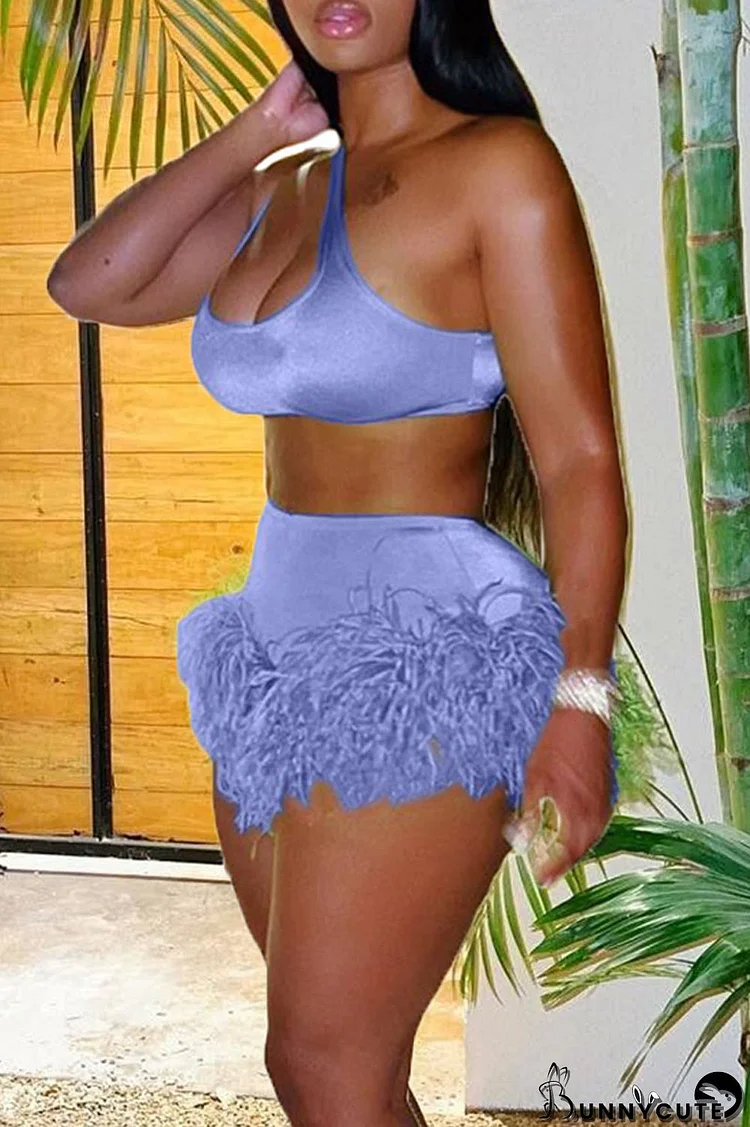 Purple Sexy Solid Patchwork Feathers U Neck Two Pieces