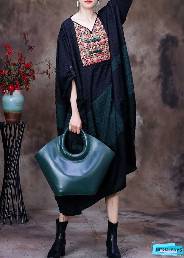 Plus Size Black V Neck Embroideried Patchwork Wrinkled Silk Dresses Long Sleeve