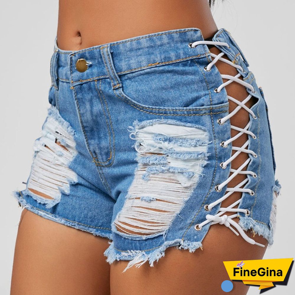 Sexy Summer Women Denim Shorts New Black Blue High Waist Ripped Short Jeans Tassel Lace Up Bandage Hotpants
