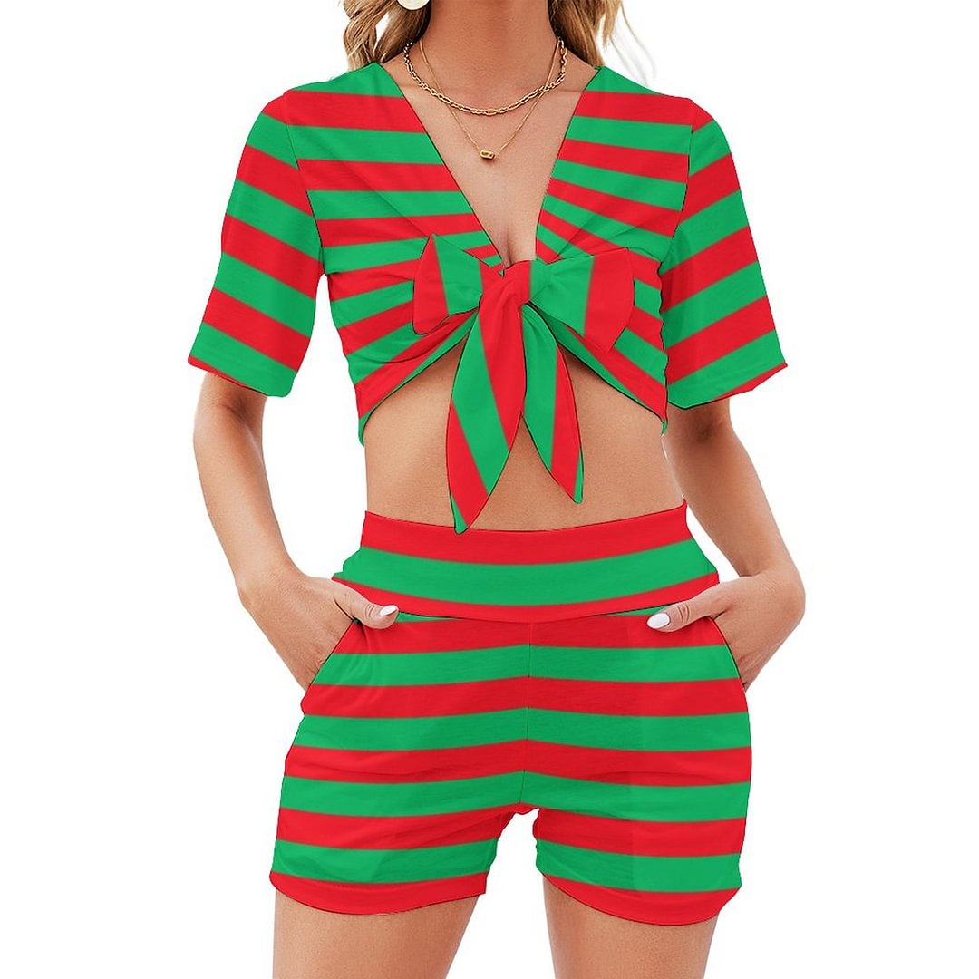 Christmas Costume Elf Red And Green Striped Beach Tracksuits Women Boho 2 Piece Outfits Crop Camisole with Shorts Sets