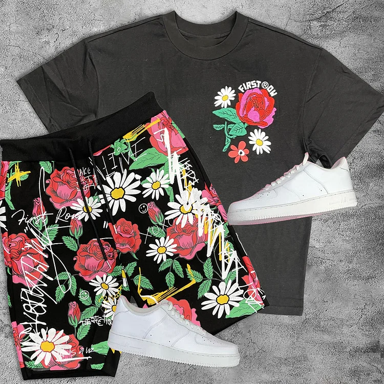 Tide brand retro casual street short-sleeved print suit