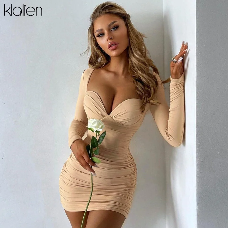 Abebey Autumn Fashion Elegant Office Lady Party Long Sleeve Square Collar Solid Slim Bodycon Dresses For Women Vacation Dresses
