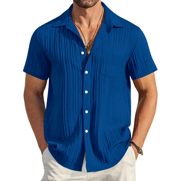 Men's Pleated Solid Lapel Short Sleeve Shirt 44415909Y